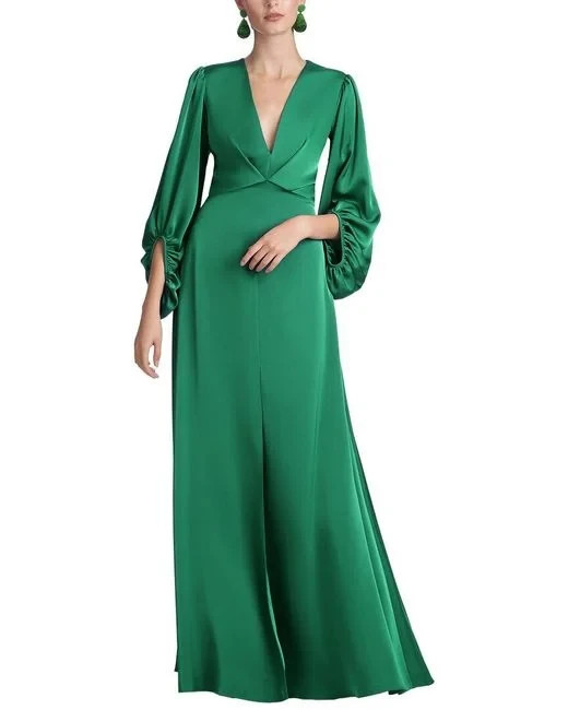 Sachin & Babi Jenny Emerald Green Satin Puff Sleeve V-Neck Gown  Size 0 $795
