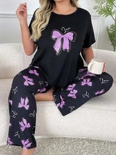 PYJAMA PLUS SIZE 18 20 24 BLACK PURPLE BOW PRINT STRETCH LOUNGEWEAR COMFORT