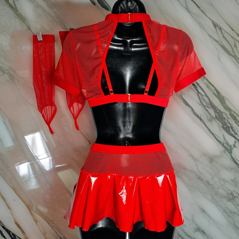 New Medium Skirt Set Devil Halloween Costume Mesh Vegan Leather Latex Red Props - Image 3 of 4