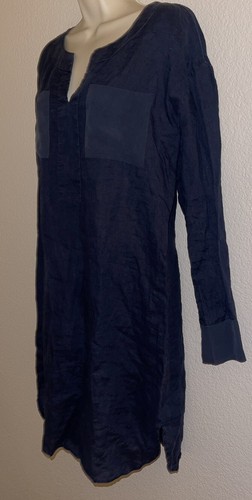 Tommy Bahama Dress Blue Linen Popover Shirt Dress Silk Trim V Neck S - Picture 2 of 6