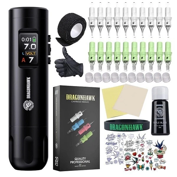 Dragonhawk X7 Wireless Tattoo Pen Kit Rotary Tattoo Machine 20Pcs Cartridges - Image 4 of 4
