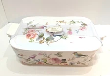 NEW Grace Porcelain Roses & Birds 3-in-1 Oven Safe Rectangular Lidded Baker NEW