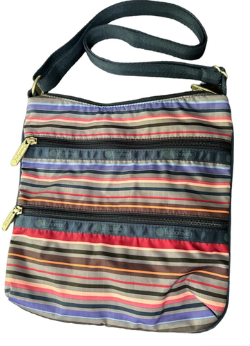 NWOT LeSportsac 9” Crossbody Bag 3 Zip Navy Blue Pink Stripe - Imagen 2 de 6