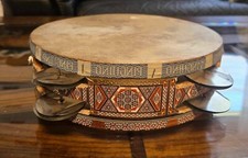 Egyptian Inlaid Musical Wooden Tambourine Rik with Brass Cymbals 8.5" Diameter