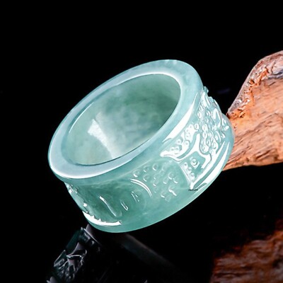 Natural A Grade Jade Jadeite Men Women Gift Lucky Bless Carved Mantra Ring