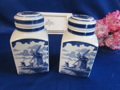 VTG DELFT HAND PAINTED BLUE/WHITE WINDMILL W FLOWERS/BOAT CONDIMENT JARS W/TRAY - Picture 5 of 9