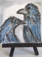 OOAK  -  Original PAIR OF BLACK CROWS RAVENS BIRDS  Watercolor  Painting