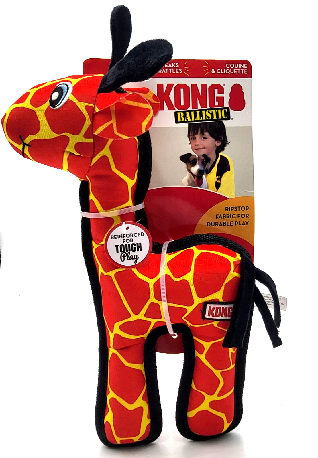 KONG Ballistic Giraffe Md/Lg Durable Squeaky Rattles Tug & Shake Dog Toy 13x6"