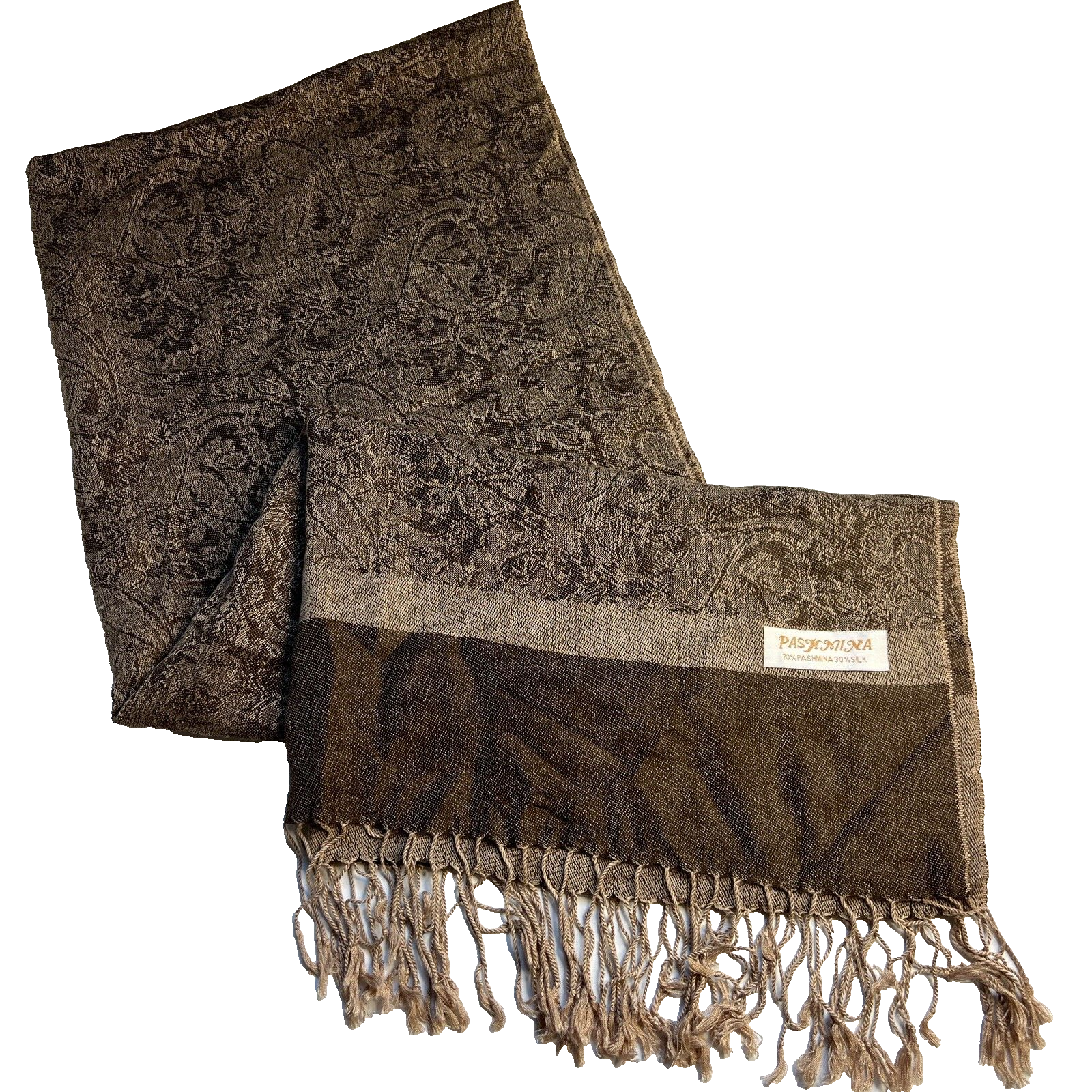 Vintage Pashmina Jacquard Scarf 70% Pashmina 30% Silk Brown French Tapestry Wrap