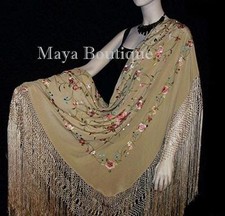 Flamenco Embroidered Silk Piano Shawl Wrap Wheat Floral 84" Maya Matazaro