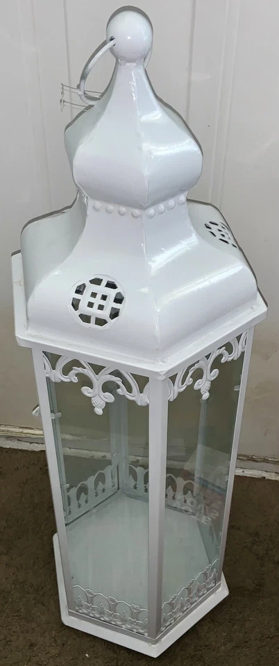White 31"x 10" Candle Holder Lantern Lamp Metal Glass Terrace Outdoor New - Image 4 of 4