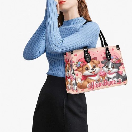 Personalized Cute Dog Valentine Day Luxury Women PU Leather Handbag, Valentine
