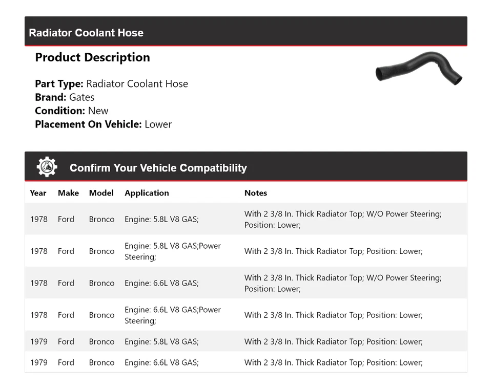 Manguera de refrigerante de radiador puertas inferiores para Ford Bronco 1978-1979 Foto 2 de 4