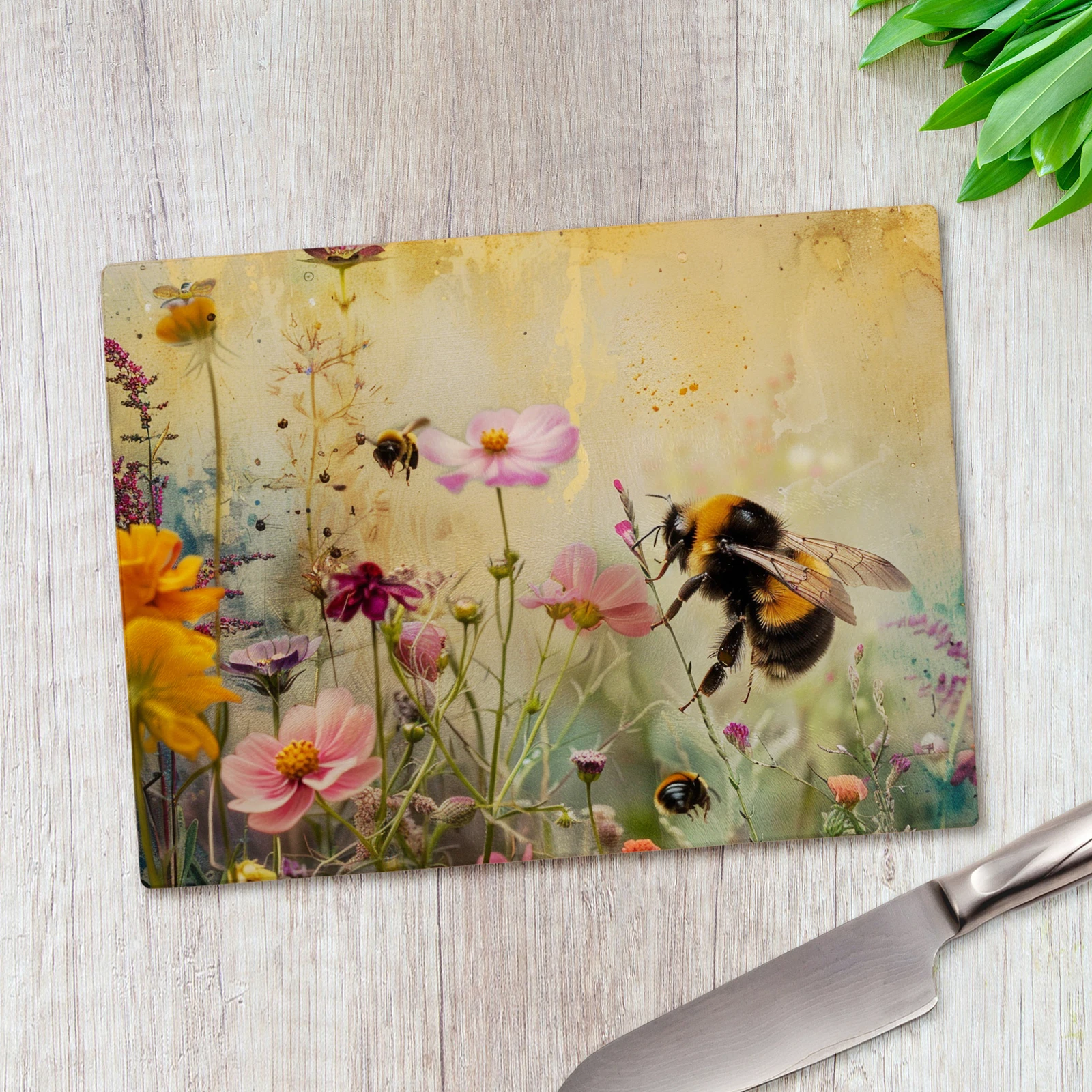 Bumblebee Bees Floral Flowers Glass Chopping Board Large Kitchen Worktop Saver