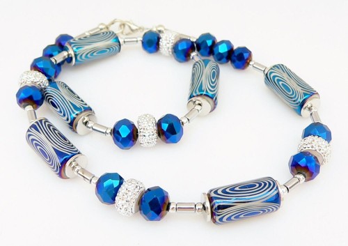 Halskette Collier Walzen Glas Perlen facettiert Strassrondell Blau 395m - Bild 2 von 10