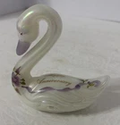Fenton Opalescent Milk Carnival Glass Swan Hand Painted Happy Anniversary Roses