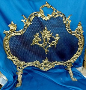 Solid Brass French Rococo Style Cherubs Fireplace Screen Fire Spark Guard