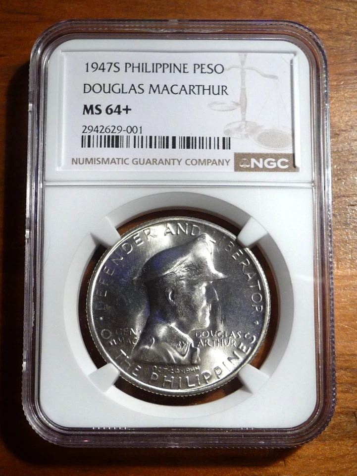 1947-S Philippines MacArthur 1 Peso NGC MS64+ superb luster - Image 3 of 4
