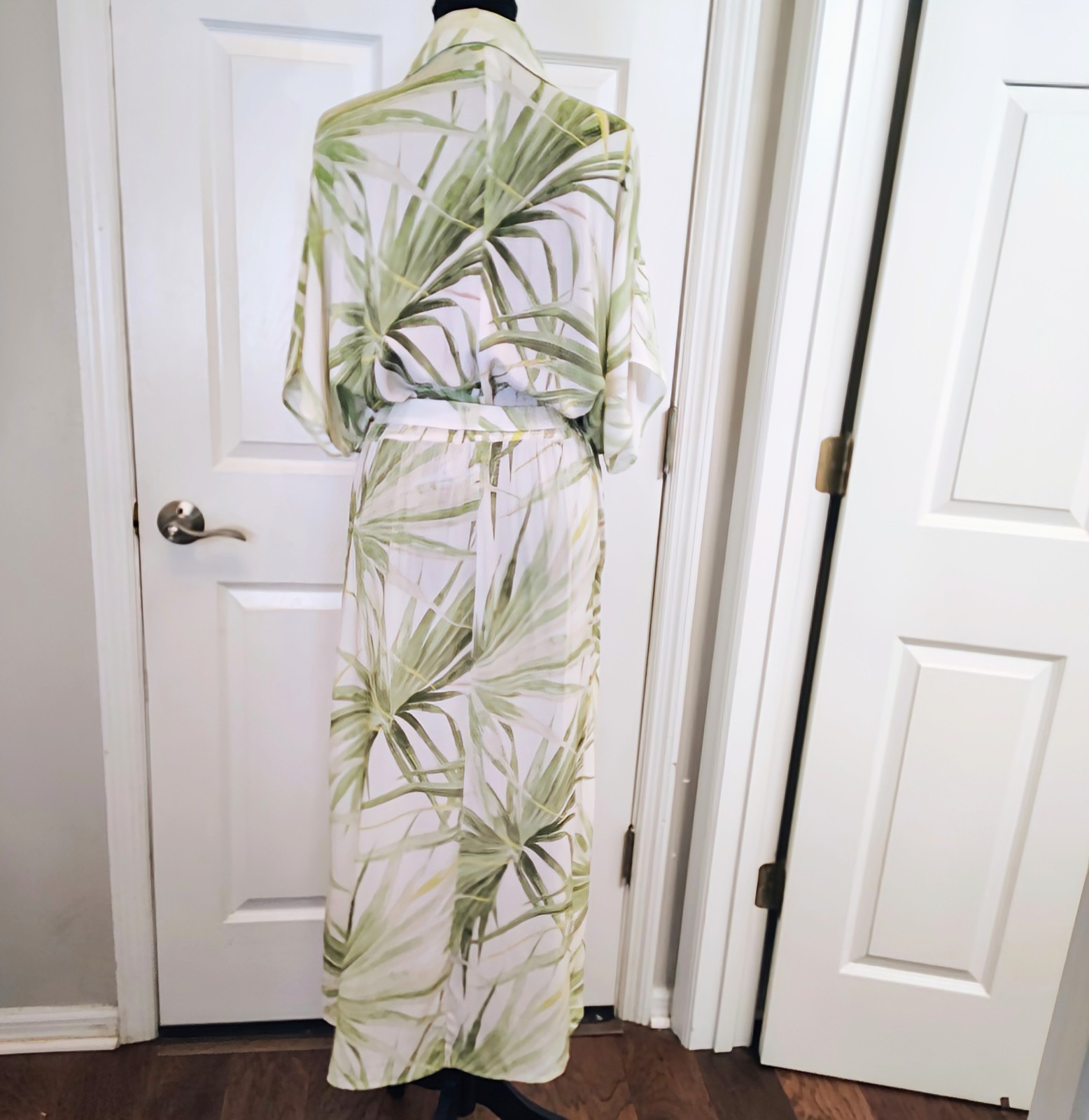 NEW H&M Leaf Floral Maxi Belted Summer Dress White Boho Retro Vacation Flowy XXL