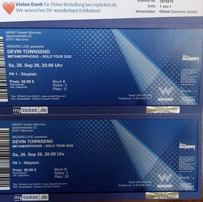 2 Tickets, Devin Townsend, Metamorphosis Solo Tour, München, 26.09.26, Backstage