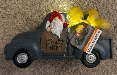 Exhart Solar Hand Painted Gnome Driving a Farm to Table Lemon Truck Garden NWT