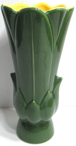 Vintage Red Wing Pottery Flower Vase B1394 Green Yellow 7 3/4" Tall