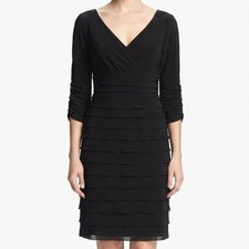 S.L. Fashions Tiered Cocktail Dress Women Size 10 Black 3/4 Sleeve V-Neck Formal