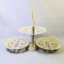 VTG 3 Tier Folding Metal Serving Tray MCM 1970 Shabby Chic Off White Painted