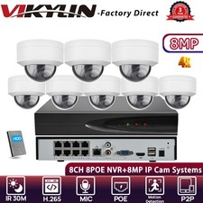 VIKYLIN 8CH 8POE NVR Mini Dome IR30M 8MP 4K IP CAMERA Systems MIC Outdoor Lot US
