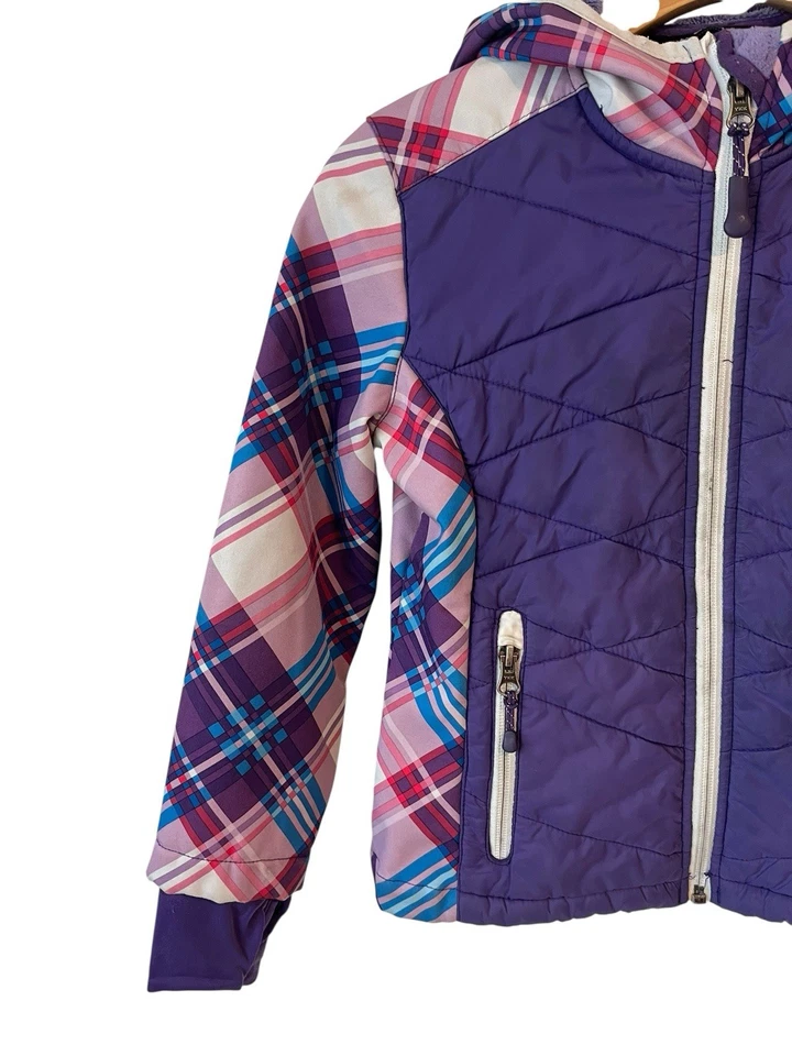 Snozu Puffer 夹克外套女孩 XS 5-6 紫色粉色白色羊毛衬里连帽 — 第 2/4 张图片