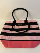 Victoria's Secret Pink And Black Striped Tote 15H, 23”x6.5” Bottom, Canvas Lines