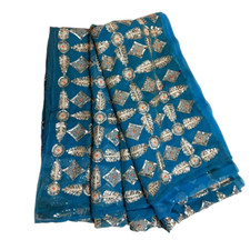 Blue Saree Indian Women Wrap Embroidered Sari Dress Women Wrap Vintage Fabric 5Y