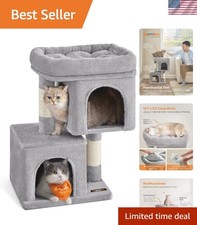 Stylish Cat Tower with Large Perch and 2 Caves for Indoor Kittens - Light Gray