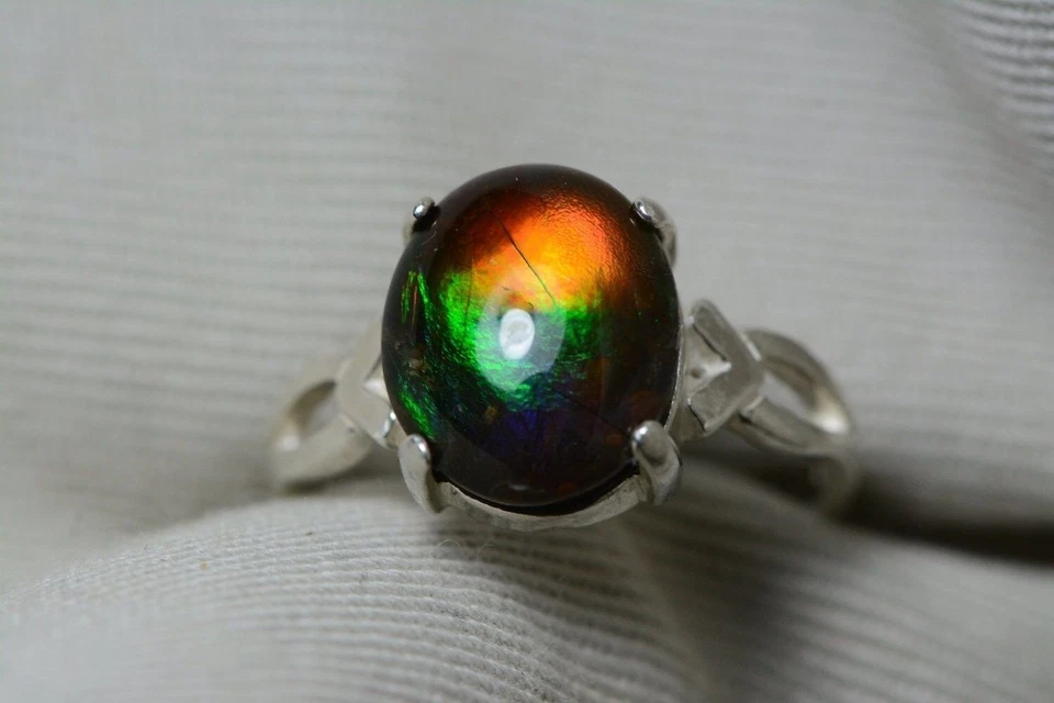 Anillo solitario Ammolite plata de ley 12x10 mm natural real genuino R8 Foto 2 de 4