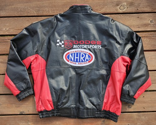 VTG NHRA Essex Dodge Racing MENS Checkered Leather Full Zip Coat Jacket XL - Picture 8 of 10