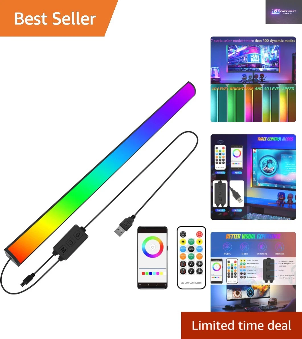 USB Powered RGB Desk Light Bar with 10 Brightness & Speed Options - Easy Install