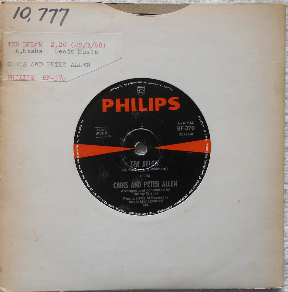 CHRIS and PETER ALLEN "TEN BELOW" SCARCE ROCK POP OZ 1st ISSUE PHILIPS-45 EX+'68 - Image 4 of 4