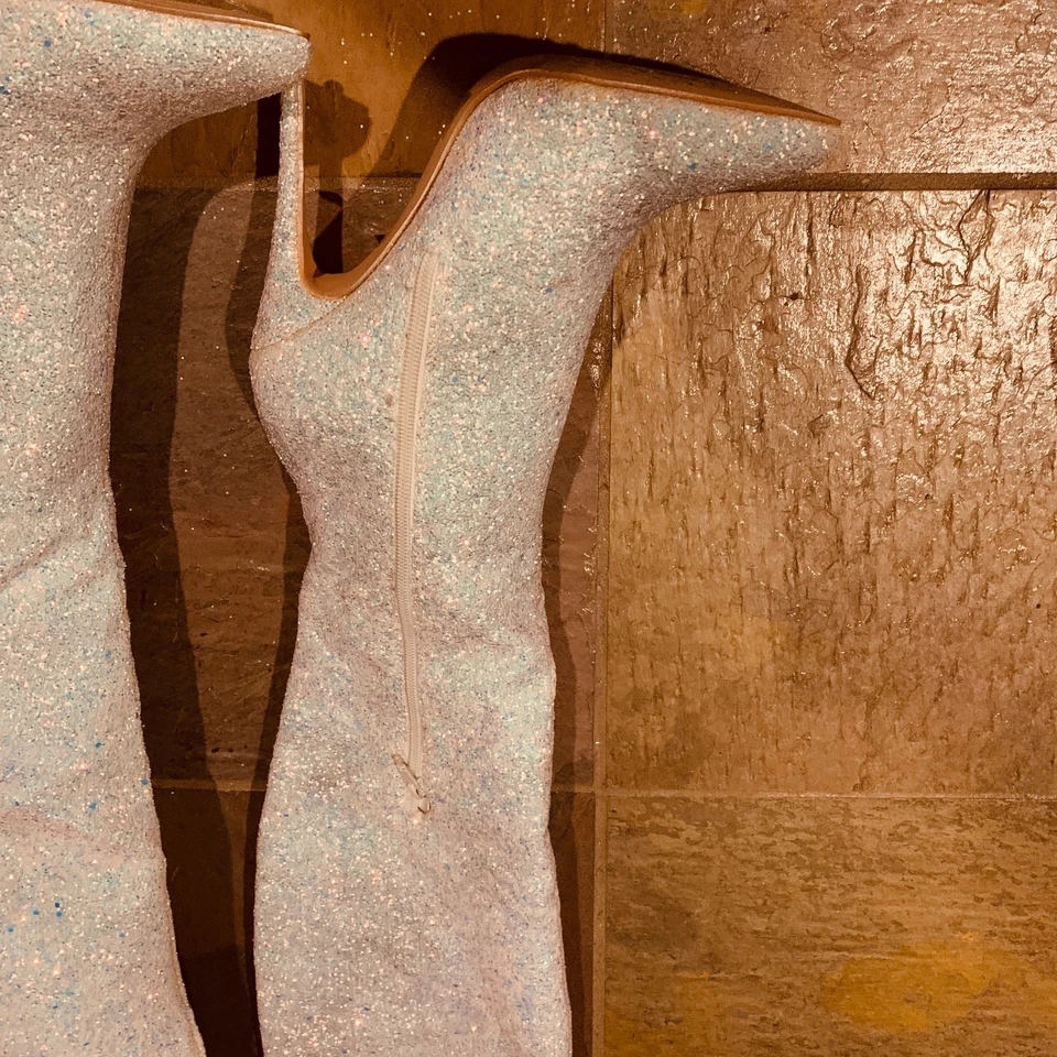 COURTLY-3015 女式性感 5 英寸高白色闪光大腿高筒靴,尺寸。 8(G125) — 第 4/4 张图片