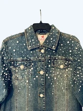 Quacker Factory Denim Jacket Bling Pearls Med Bride Batchlorette Vintage