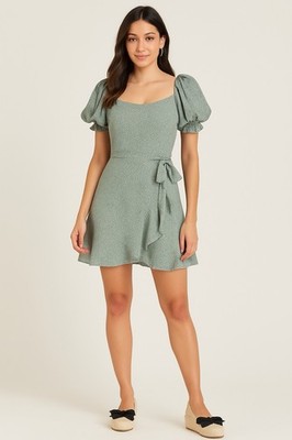 ROWA NWT Floral Puff Sleeve Mini Dress Size S Sage Green Ruffle Hem Wrap Style