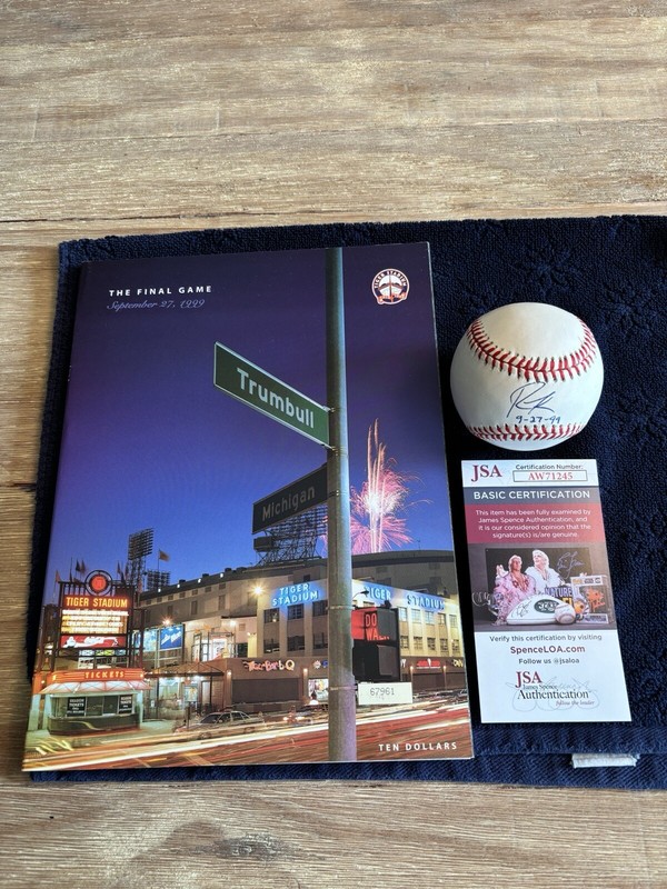 Tiger Stadium Final Game Comm Program + Robert Fick 9/27/99 Signed OAL Ball JSA