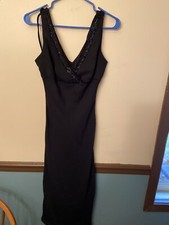 Black  Dbl V Neck Beaded Gauzy 90s Y2K Maxi Formal Prom Dress Vintage Byer Too