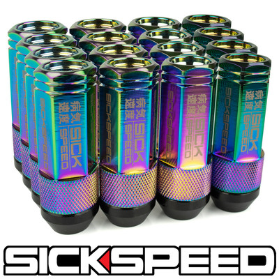 SICKSPEED 16PC NEO CHROME ALUMINUM EXTENDED 50MM 2PC LUG NUTS WHEELS 12X1.5 L16