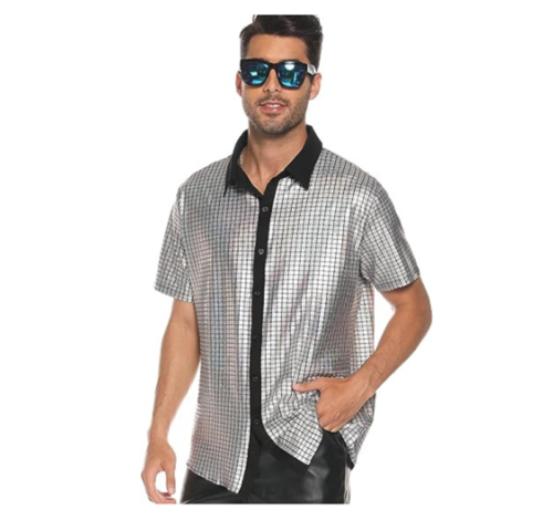 Camicia manica abbottonata top uomo anni 70 discoteca costume argento paillettes festa corta - Foto 3 di 12