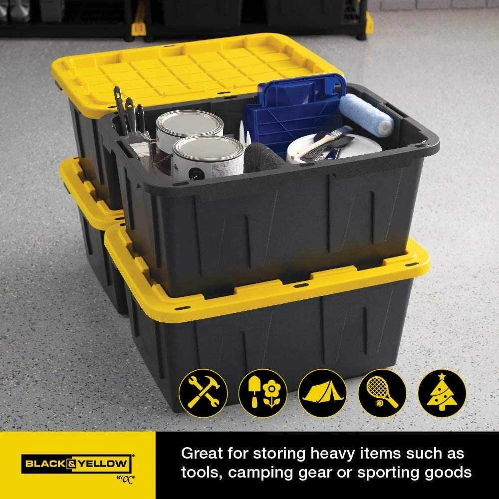 27 Gal. Tough Storage Tote in Black with Yellow Lid