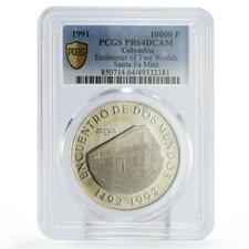 Colombia 10000 pesos Two Worlds Encounter Santa Fe Bogota PR64 PCGS Ag coin 1991