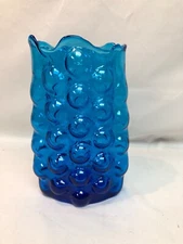signed vintage blenko blue glass bubble wrap vase wayne husted mcm