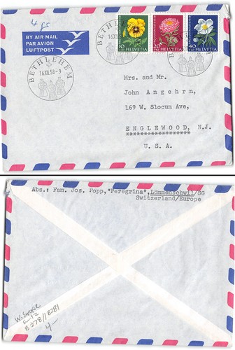 Switzerland #B278//B281 Bethlehem Switzerland to NJ, 1958, flower topicals