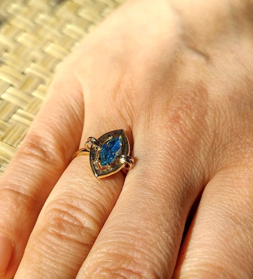 Anillo Vintage, 1ct Oro Macizo 14k, Anillo Estatal con Moissanita Color Azul Aqua Nuevo Foto 3 de 4