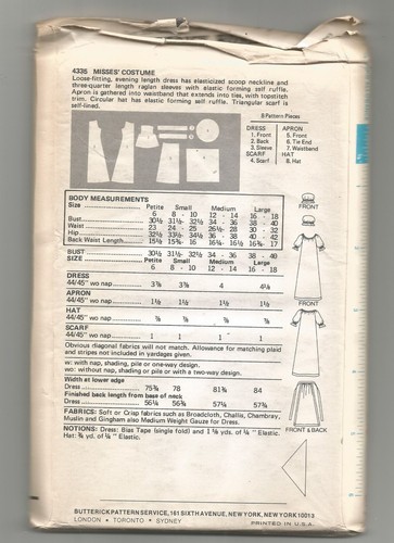 4335 Butterick Sewing Pattern UNCUT Pioneer Costume Dress Apron Cap Size Petite - Picture 4 of 4